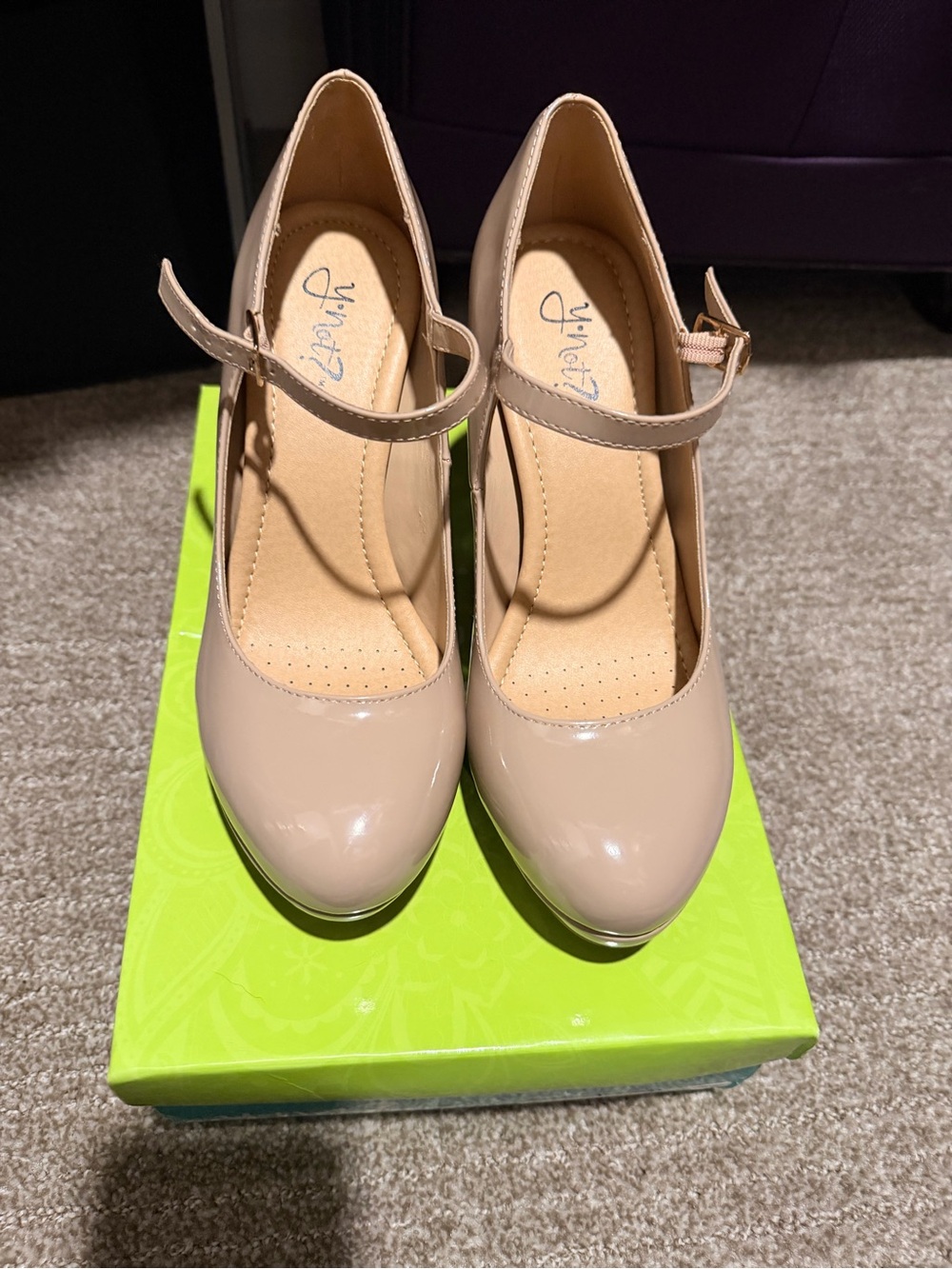 Nude Patent Mary Jane Heels with Ankle Strap
